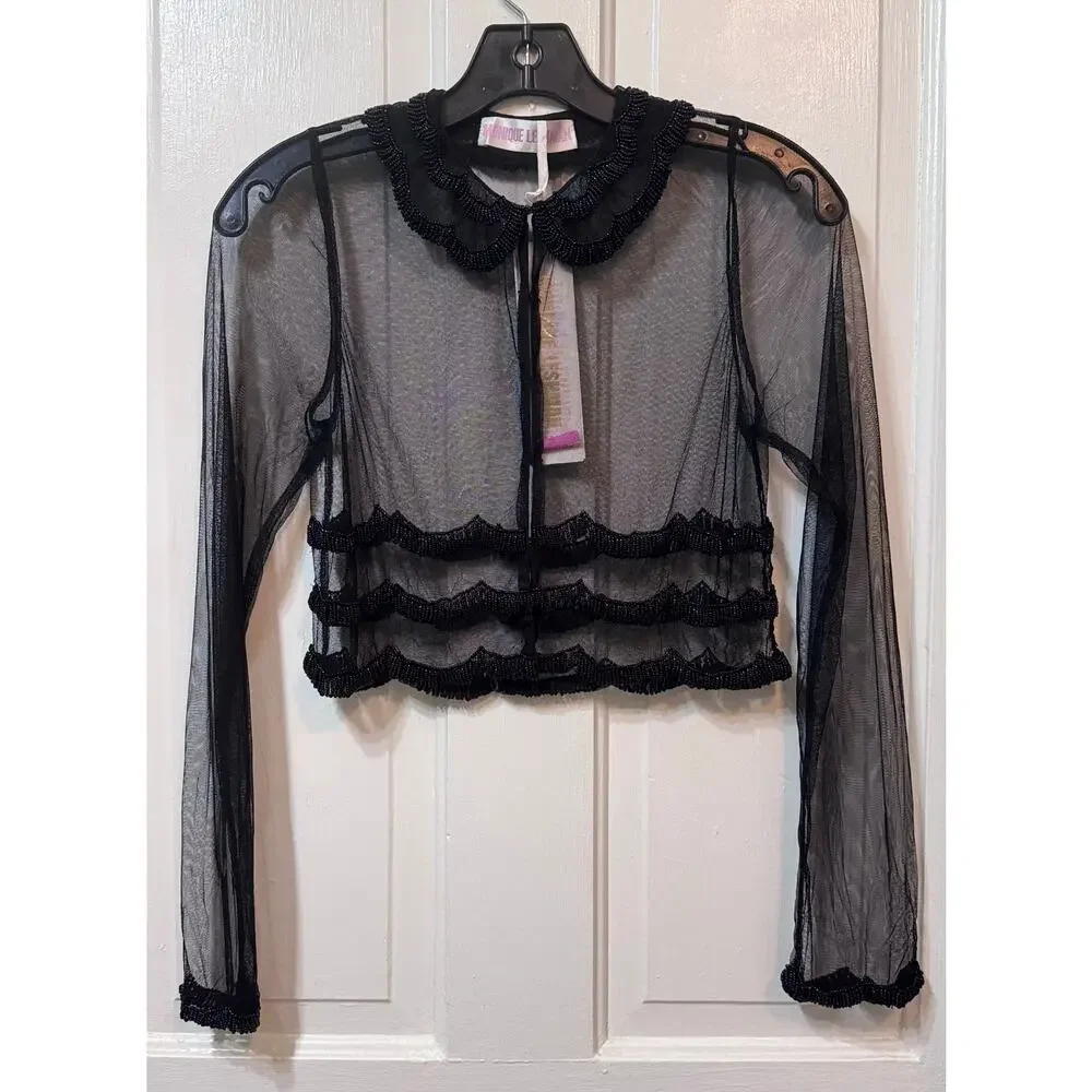 NWT Monique Leshman Black Sheer Scallop Beaded Crop Blouse Top Size S